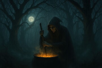 Fototapeta premium Mysterious Witch Brewing Magical Potion in Enchanted Forest During Full Moon Night