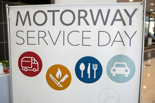 Motorway Service Day signage showcases transportation, culinary, and automotive symbols for a promotional event