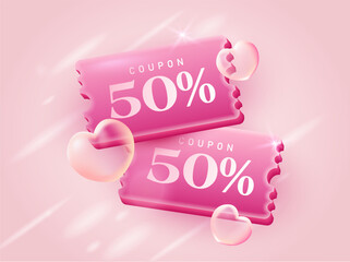 3d love or valentine coupons in pink color with flying heart bubbles, isolated on background. Gift vouchers for wedding event in 3d vector. Vector illustration