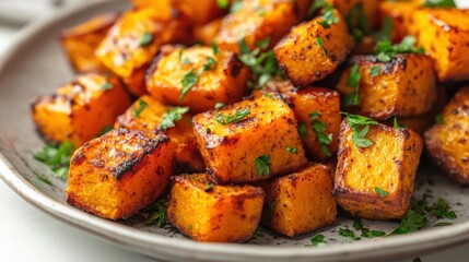 Savory roasted butternut squash cubes with fresh herbs on a rustic plate