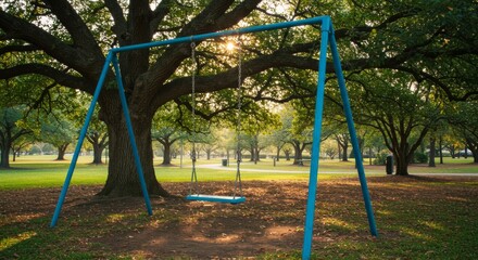 Empty Blue Metal Swing Set Under Sunlight in Autumn Park