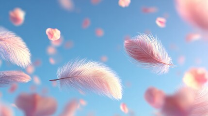 Delicate feathers and petals drifting in the sky.