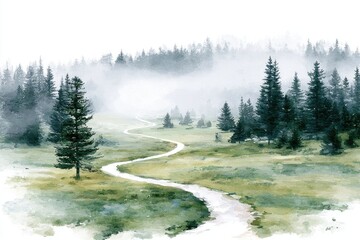 Misty mountain path winding through a verdant valley