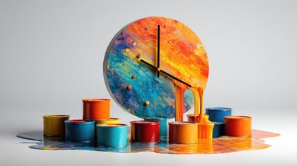 Colorful clock with paint dripping around it.