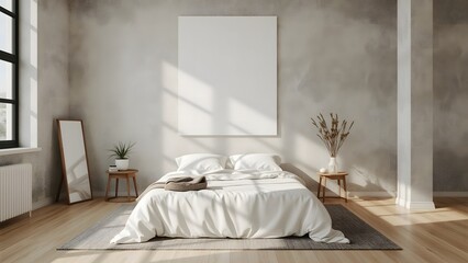 Minimalist Bedroom Interior: Sunlit White Bed, Blank Canvas, and Textured Wall.