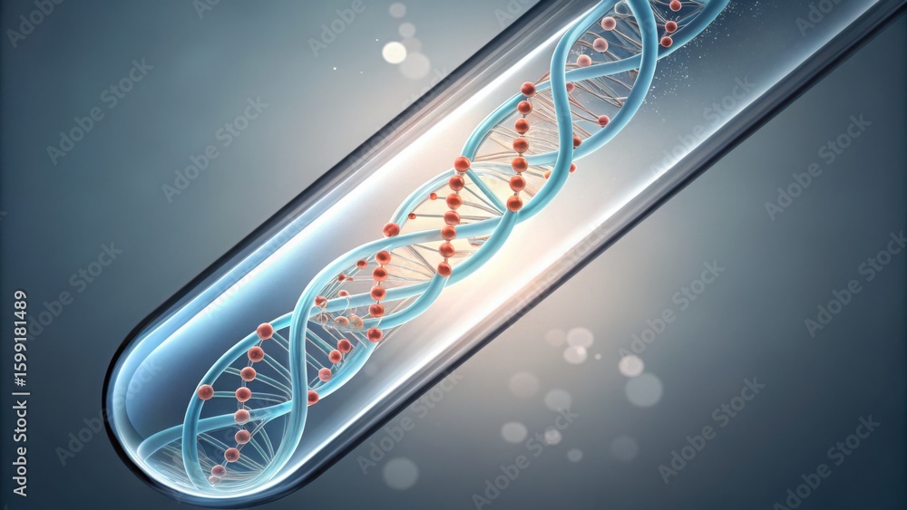Poster enzyme flowing in lab tube with macro view of dna structure