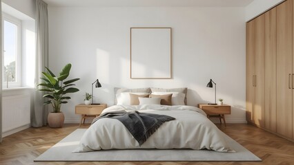 Modern minimalist bedroom interior:  sunlit, neutral tones,  light wood accents,  calm and serene mood.