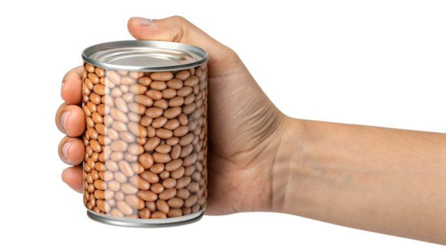 Tin can opener opening isolated metal food can with peas on white background