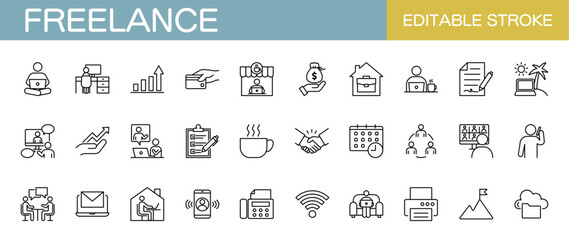 Freelance line icon set – Includes business, freelancer, remote work, meeting, management and workation. Editable stroke. Vector illustration.