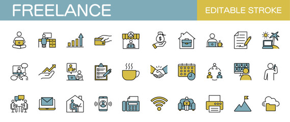 Freelance line icon set – Includes business, freelancer, remote work, meeting, management and workation. Editable stroke. Colored vector illustration.