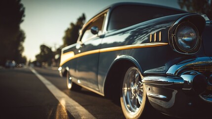 Fototapeta premium Classic car glints in the sun; chrome details pop against a moody street background