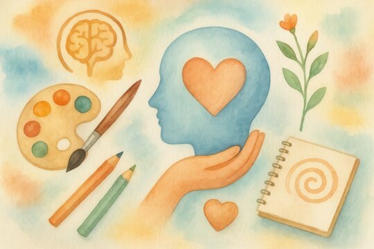 Therapeutic art therapy session visualization with calming colors and healing artistic expression for mental wellness