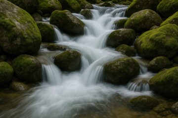 Crystal clear mountain stream flowing through ancient moss-covered boulder formations