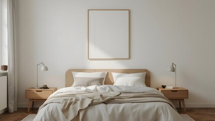 Serene Minimalist Bedroom:  Neutral Tones, Wooden Accents, Blank Canvas Wall Art, Calming Atmosphere.