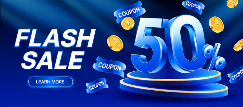 3d flash sale podium banner template with 50 percent on stage, coins and coupons flying around, isolated on background. Flash sale banner with gift vouchers in 3d vector. Vector illustration