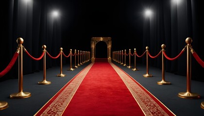 A luxurious red carpet leads to a gold portal against black draped curtains, elegant and inviting.