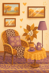 Cozy autumn living room scene with wicker chair and teapot