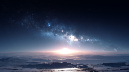 Fototapeta premium Cosmic Dawn on an Alien World: Milky Way Over a Frozen Expanse