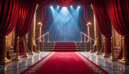 A grand entrance with red carpet, elegant staircase, columns, and draped curtains sets the stage.