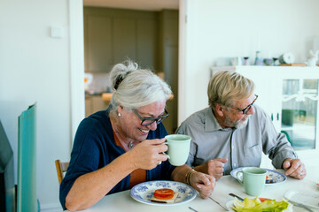 Group of happy seniors laughing during breakfast at home