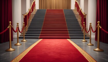 A grand red carpet leads to an elevated staircase with ornate draping and white columns.