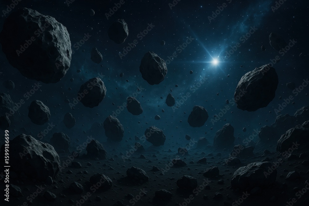 Poster dramatic asteroid field with rocky fragments floating in deep space environment
