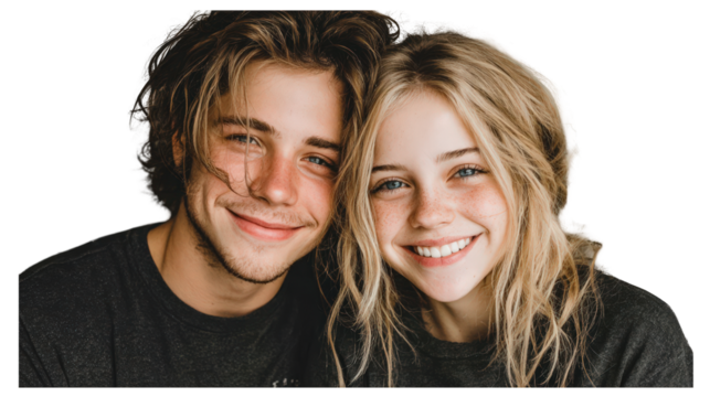 A smiling young man and woman pose closely together, their faces illuminated by a bright light, expressing joy and connection.