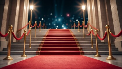 Opulent red carpet ascending grand staircase evokes anticipation and elegance in a formal setting.