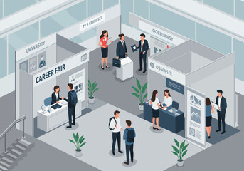 Isometric illustration of a career fair with people interacting at booths representing universities and companies.