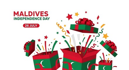 Maldives Independence Day Celebration: Gift Boxes Bursting with Festive Confetti and National Colors
