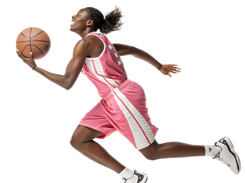A female basketball player in pink uniform dribbling the ball while running on a black background