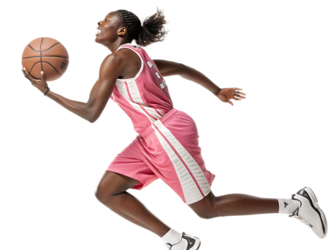 A female basketball player in pink uniform dribbling the ball while running on a black background