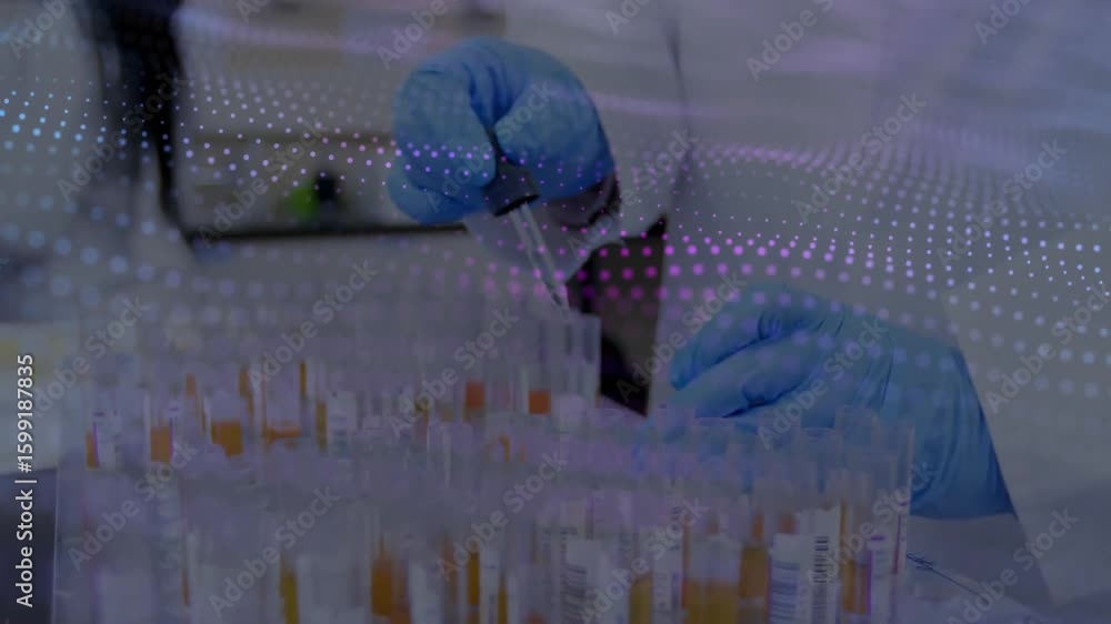 Aufkleber female scientist hands adjusting pipette and filling test tubes for lab analysis with pulsing grid