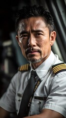 Obraz premium Close-up portrait of a mature pilot in uniform, showcasing experience and professionalism with a backdrop of cockpit details.