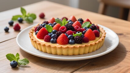 Colorful fresh fruit tart with strawberries, blueberries, raspberries, and blackberries on creamy custard in a golden crust
