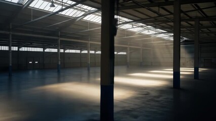 Dramatic sunlight beams through skylights in empty warehouse. Large industrial building interior with light rays for storage space and industry. - Powered by Adobe