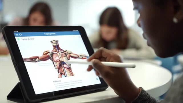 Students participate in an engaging back to school anatomy lesson, using tablets to explore body systems while collaborating in a modern classroom setting - Powered by Adobe