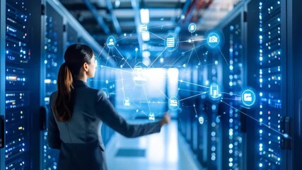 Futuristic data center management with woman interacting virtual interface tech - Powered by Adobe