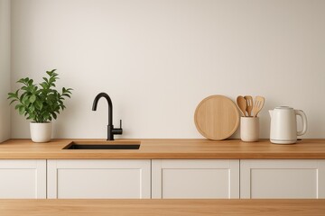 Modern kitchen countertop mockup with wooden surface and blank wall space for product placement and design visualization