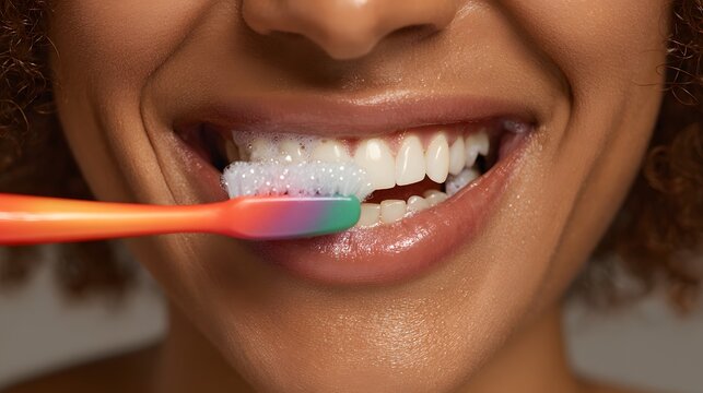 Bright smile and healthy teeth. A colorful toothbrush with toothpaste effectively cleans teeth for a fresh, clean mouth, good hygiene, and healthy gums