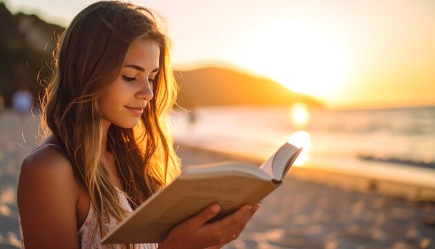 A young woman reading a book on a beach at sunset