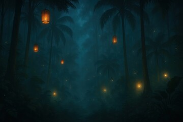 Mystical nocturnal rainforest illuminated by ethereal lantern lights creating enchanted jungle atmosphere