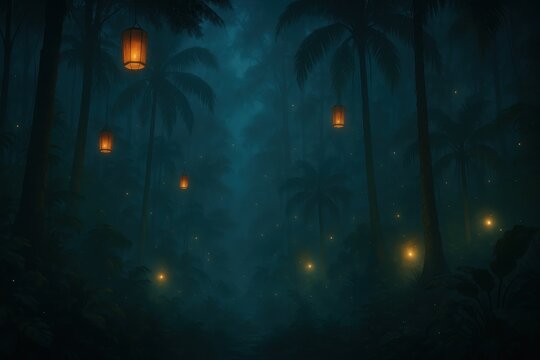 Mystical nocturnal rainforest illuminated by ethereal lantern lights creating enchanted jungle atmosphere