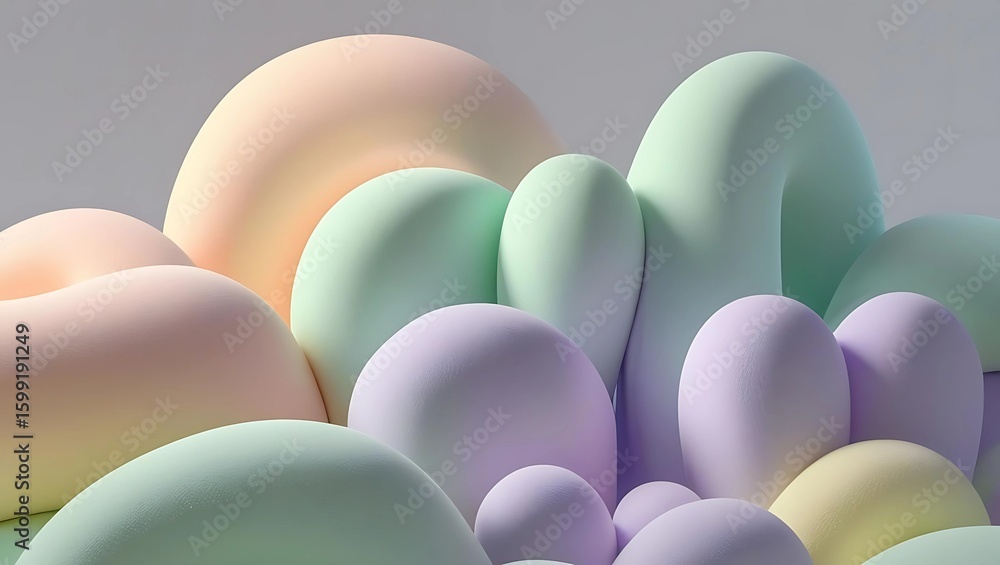 Poster pastel-colored, abstract, cloud-like forms arranged in a composition with soft lighting and smooth t