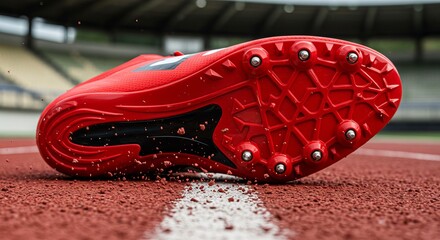 Obraz premium Close-Up of Red Track Spike Shoe with Flying Grit