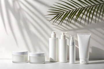 Clean beauty products with natural light and palm leaf shadows