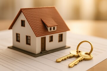 New home ownership celebration with house model and keys representing mortgage approval and real estate investment