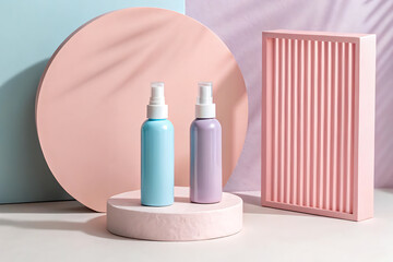 Two pastel colored spray bottles on a minimalist stage with soft lighting