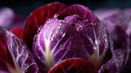 Obraz premium Fresh radicchio with vibrant purple leaves and water drops on dark background
