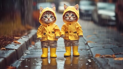 Two cute kittens in the rain, wearing a stylish yellow, matching raincoat, wet urban city in the background.